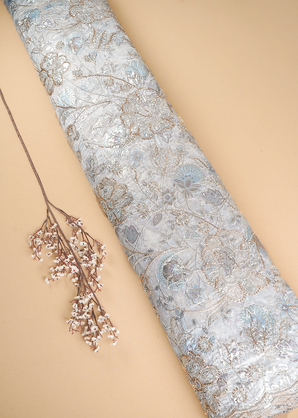 White Organza Fabric With All Over Sequins, Katdana And Bead Work & Grey Foil Work Flowers 24673