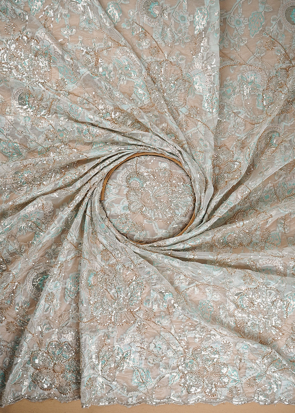 White Organza Fabric With All Over Sequins, Katdana And Bead Work & Peach Foil Work Flowers 24674