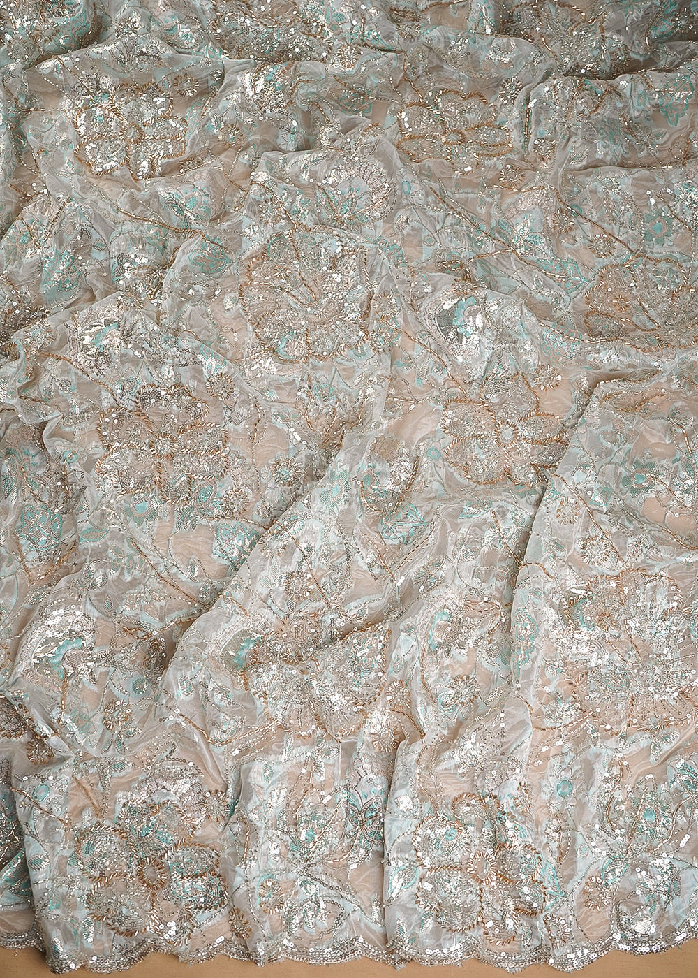 White Organza Fabric With All Over Sequins, Katdana And Bead Work & Peach Foil Work Flowers 24674