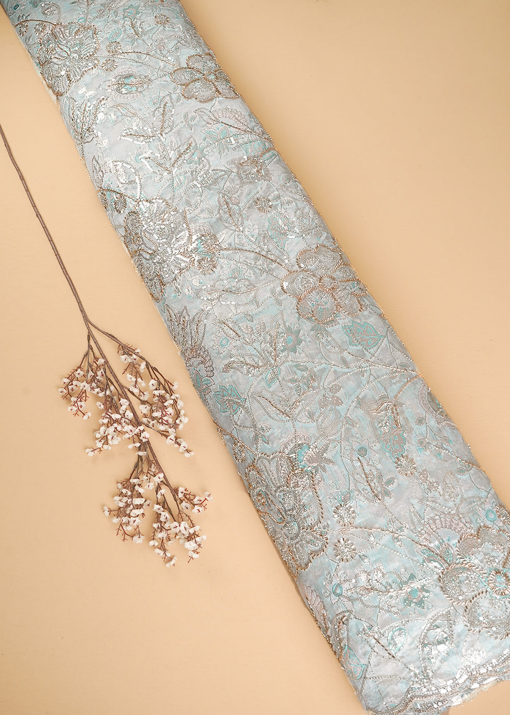 White Organza Fabric With All Over Sequins, Katdana And Bead Work & Peach Foil Work Flowers 24674