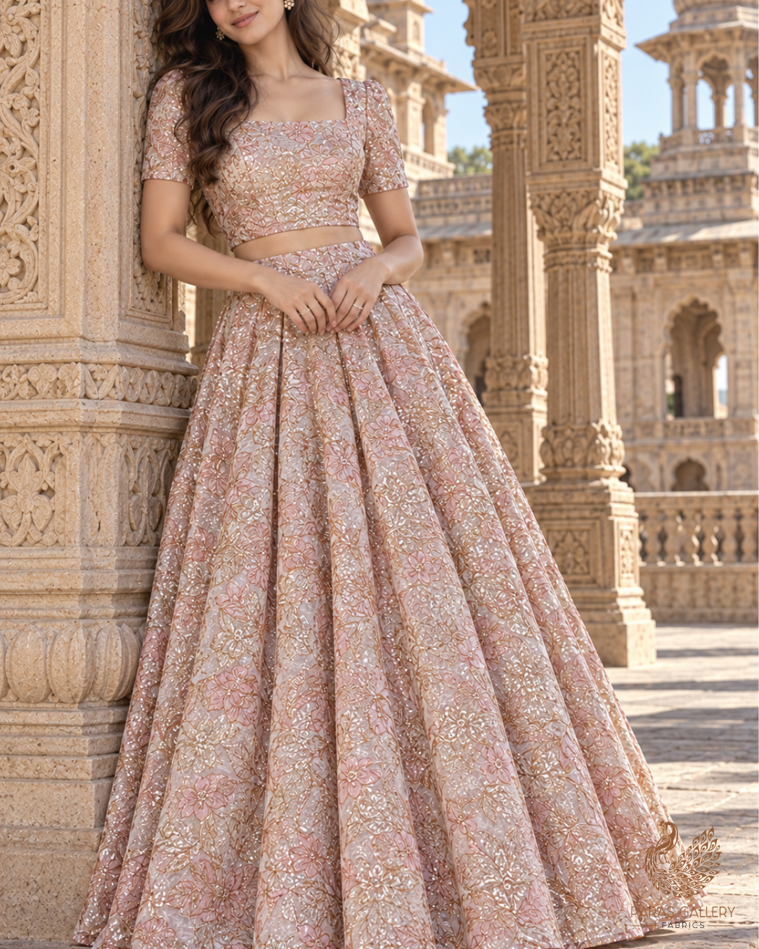 White Organza Fabric With All Over Sequins, Katdana And Bead Work & Pink Foil Work Flowers 24675