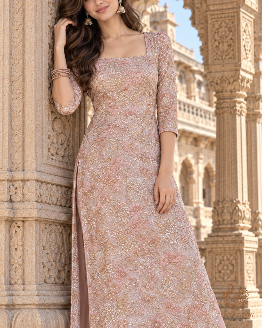 White Organza Fabric With All Over Sequins, Katdana And Bead Work & Pink Foil Work Flowers 24675