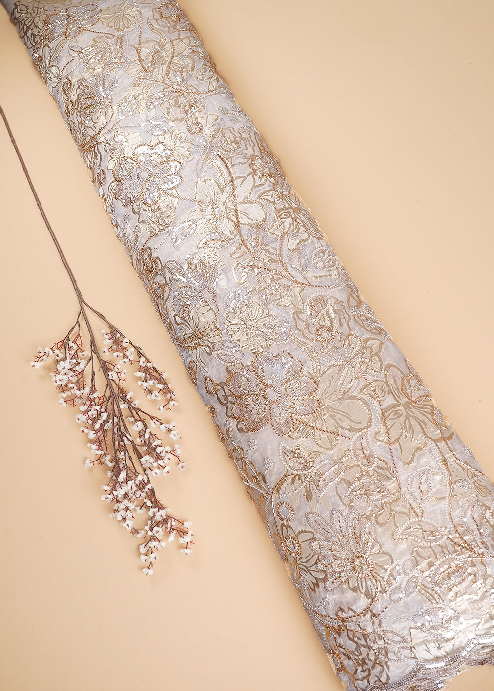 White Organza Fabric With All Over Sequins, Katdana And Bead Work & Gold Foil Work Flowers 24676