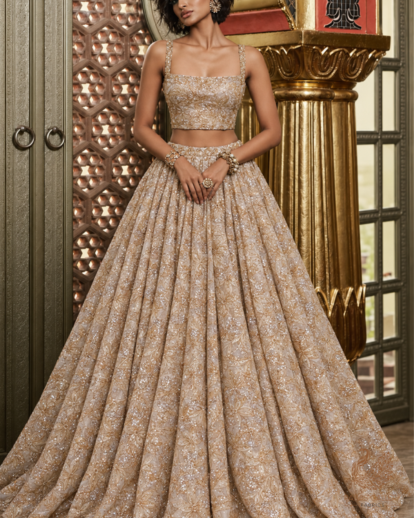 White Organza Fabric With All Over Sequins, Katdana And Bead Work & Gold Foil Work Flowers 24676