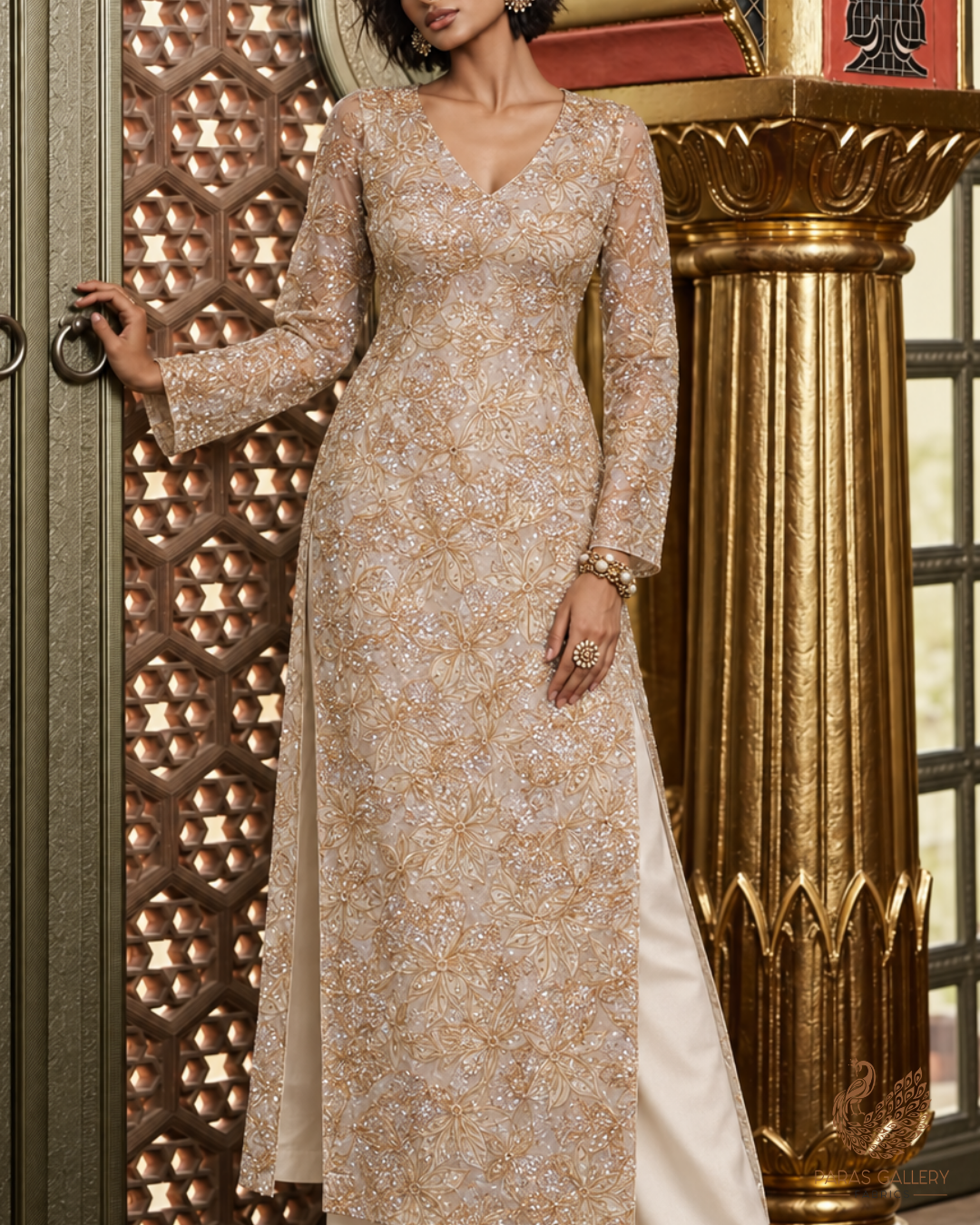 White Organza Fabric With All Over Sequins, Katdana And Bead Work & Gold Foil Work Flowers 24676