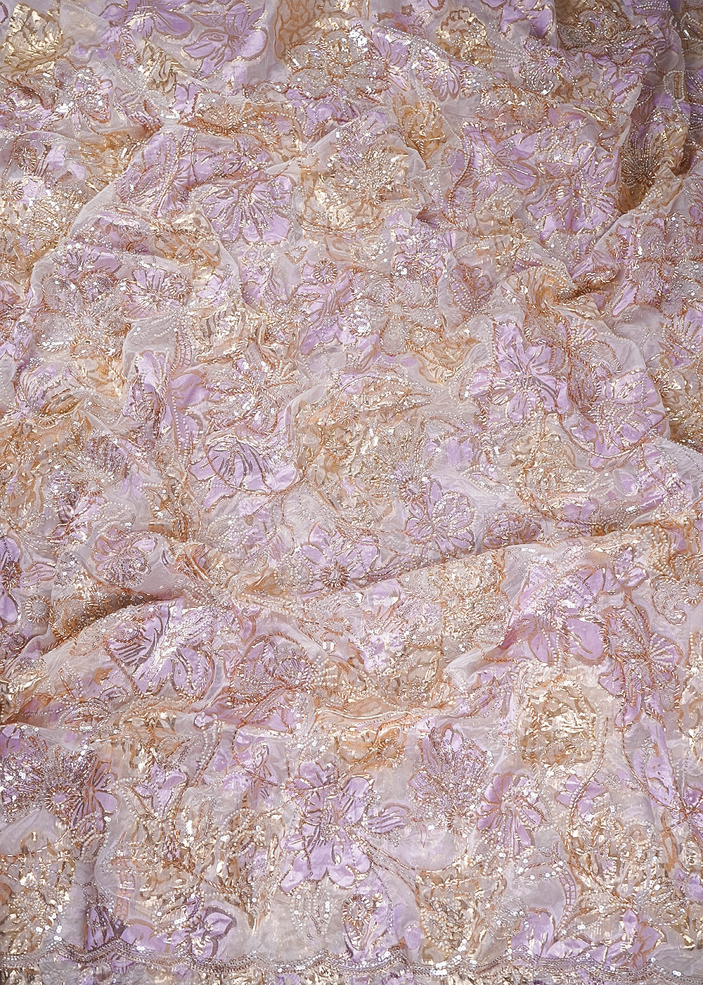 White Organza Fabric With All Over Sequins, Katdana And Bead Work & Lavender Foil Work Flowers 24678