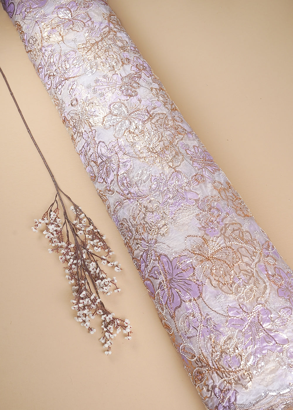 White Organza Fabric With All Over Sequins, Katdana And Bead Work & Lavender Foil Work Flowers 24678
