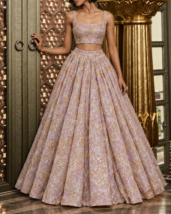 White Organza Fabric With All Over Sequins, Katdana And Bead Work & Lavender Foil Work Flowers 24678