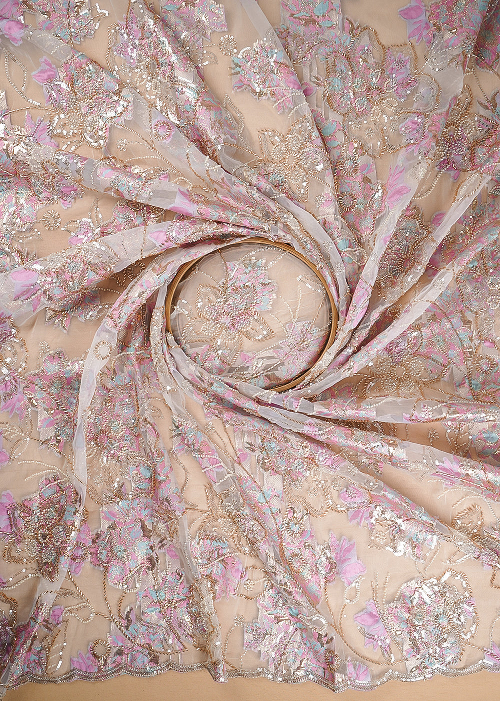 White Organza Fabric With All Over Sequins, Katdana And Bead Work & Pink Foil Work Flowers 24679