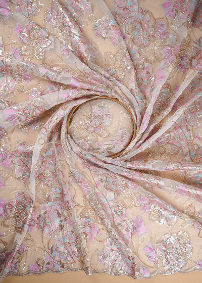 White Organza Fabric With All Over Sequins, Katdana And Bead Work & Pink Foil Work Flowers 24679