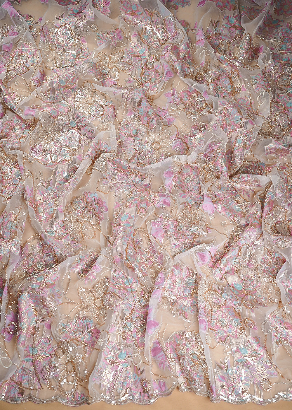 White Organza Fabric With All Over Sequins, Katdana And Bead Work & Pink Foil Work Flowers 24679