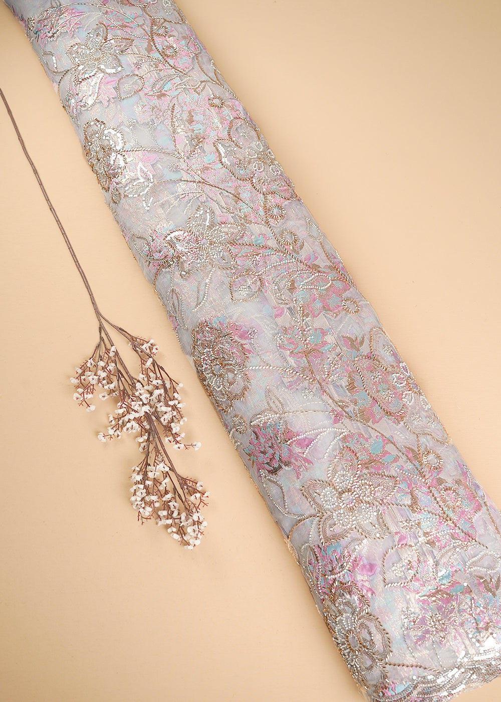 White Organza Fabric With All Over Sequins, Katdana And Bead Work & Pink Foil Work Flowers 24679
