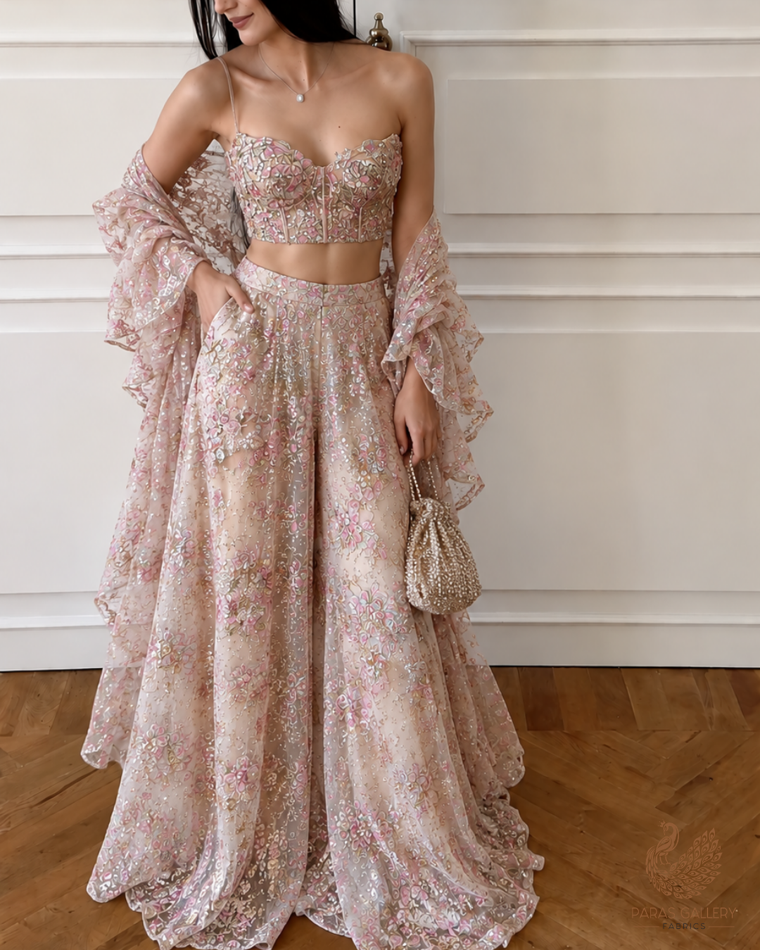 White Organza Fabric With All Over Sequins, Katdana And Bead Work & Pink Foil Work Flowers 24679