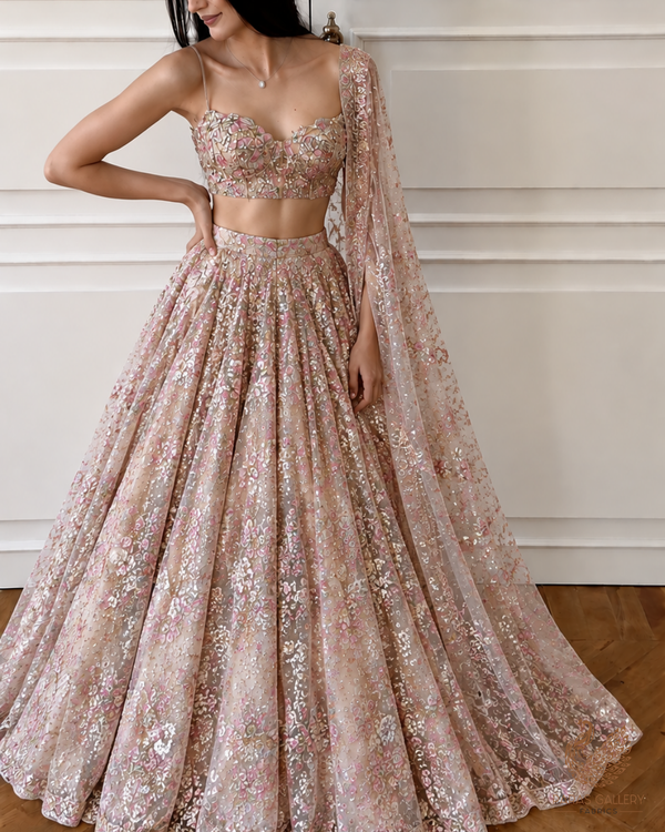 White Organza Fabric With All Over Sequins, Katdana And Bead Work & Pink Foil Work Flowers 24679