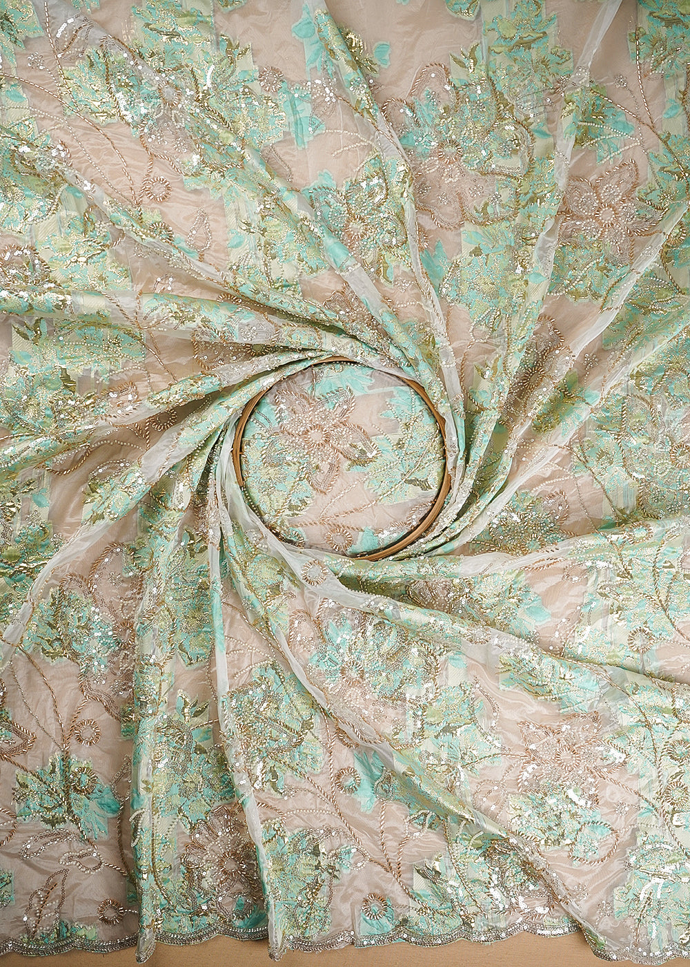 White Organza Fabric With All Over Sequins, Katdana And Bead Work & Green Foil Work Flowers 24680