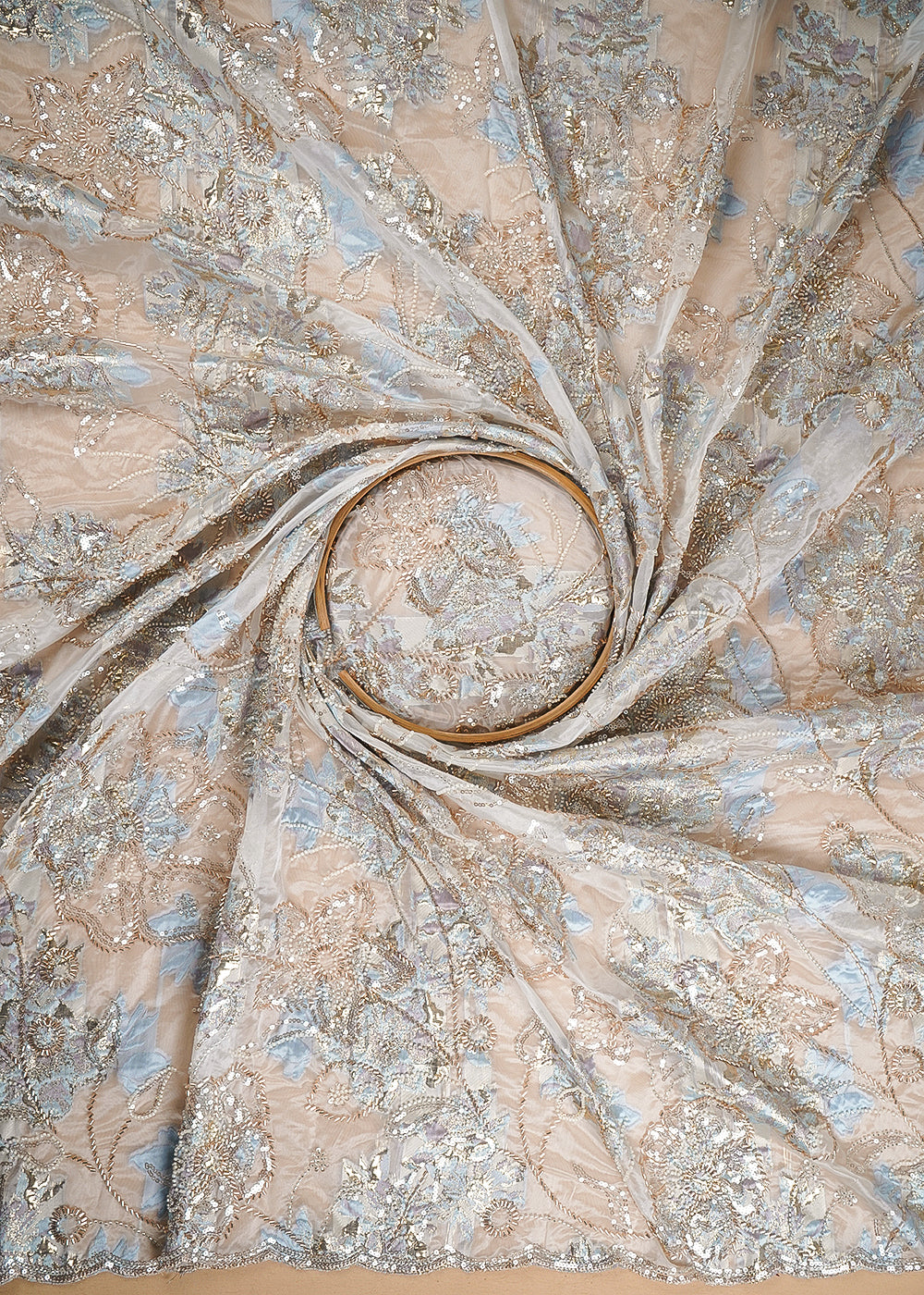 White Organza Fabric With All Over Sequins, Katdana And Bead Work & Blue Foil Work Flowers 24681