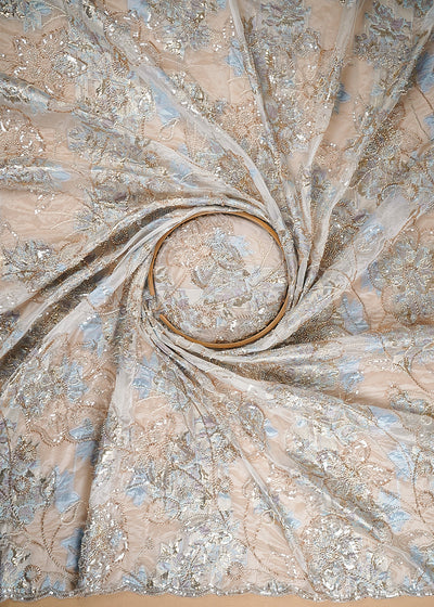 White Organza Fabric With All Over Sequins, Katdana And Bead Work & Blue Foil Work Flowers 24681