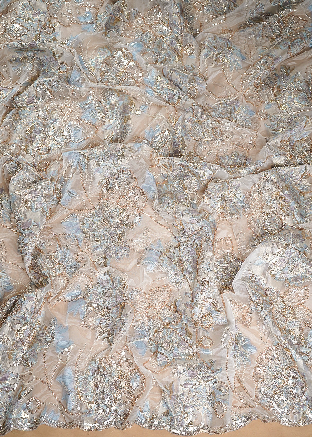White Organza Fabric With All Over Sequins, Katdana And Bead Work & Blue Foil Work Flowers 24681