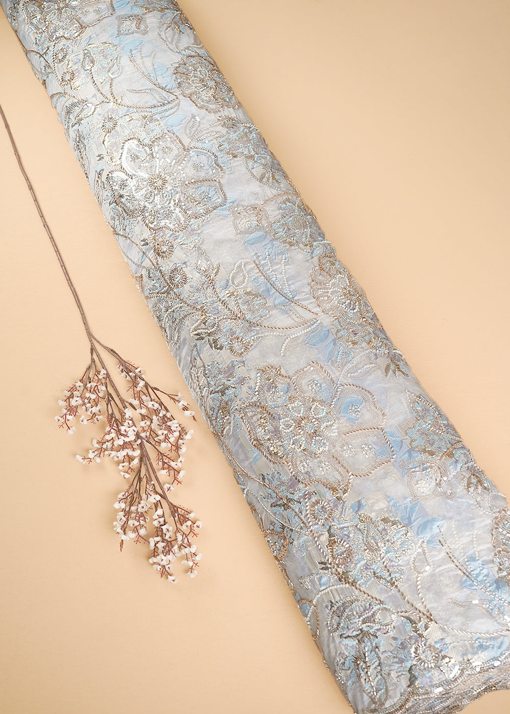 White Organza Fabric With All Over Sequins, Katdana And Bead Work & Blue Foil Work Flowers 24681