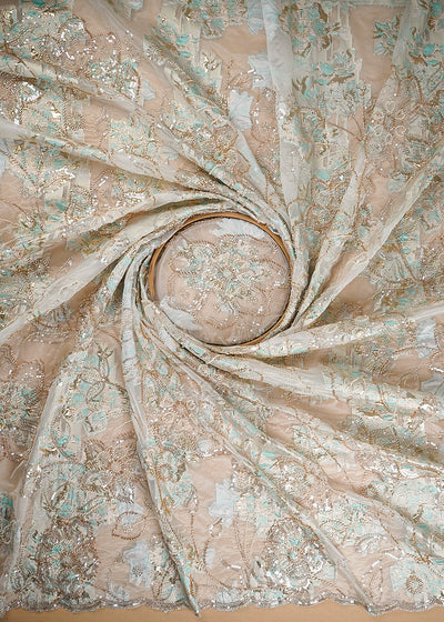White Organza Fabric With All Over Sequins, Katdana And Bead Work & Peach Foil Work Flowers 24682