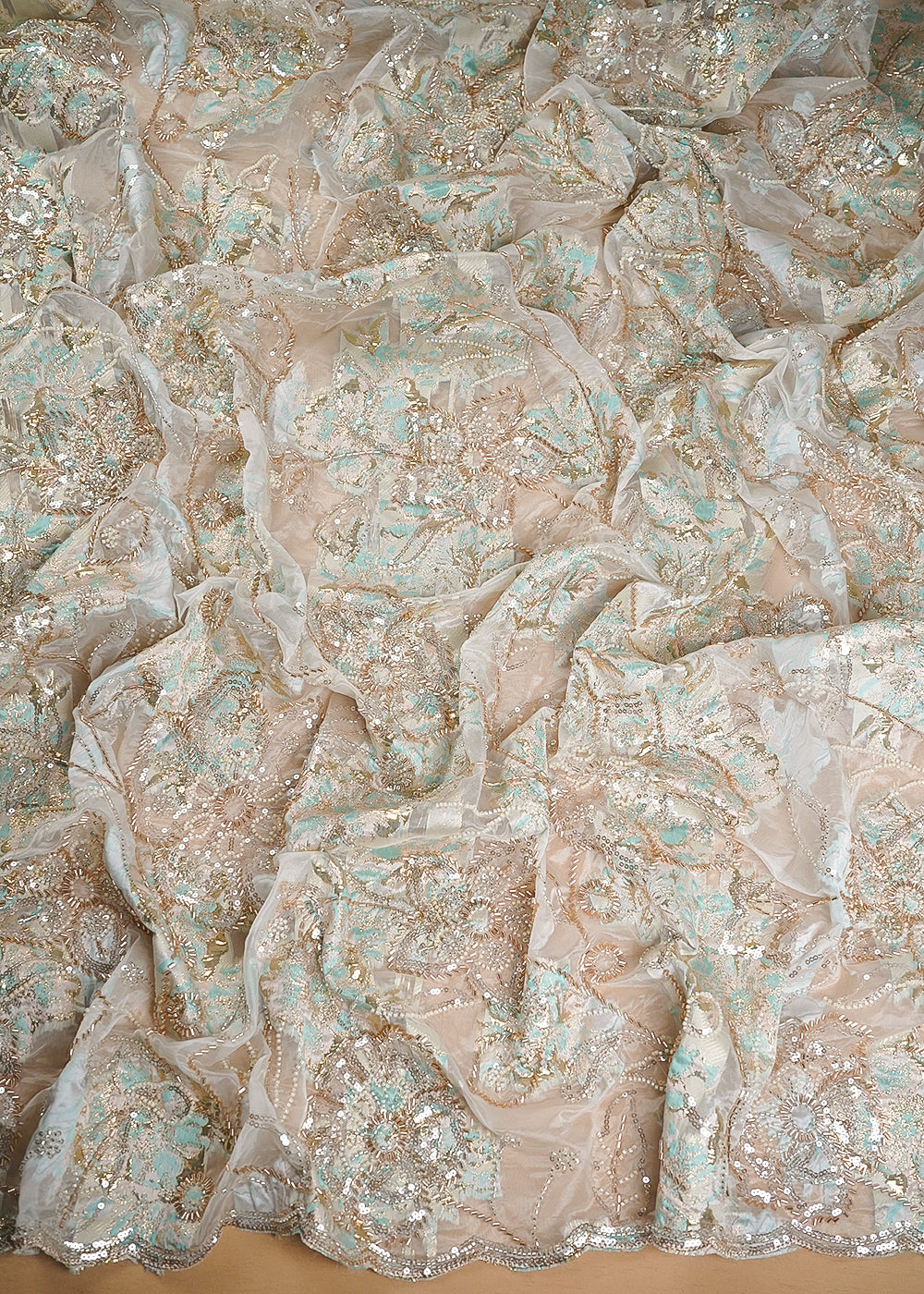 White Organza Fabric With All Over Sequins, Katdana And Bead Work & Peach Foil Work Flowers 24682