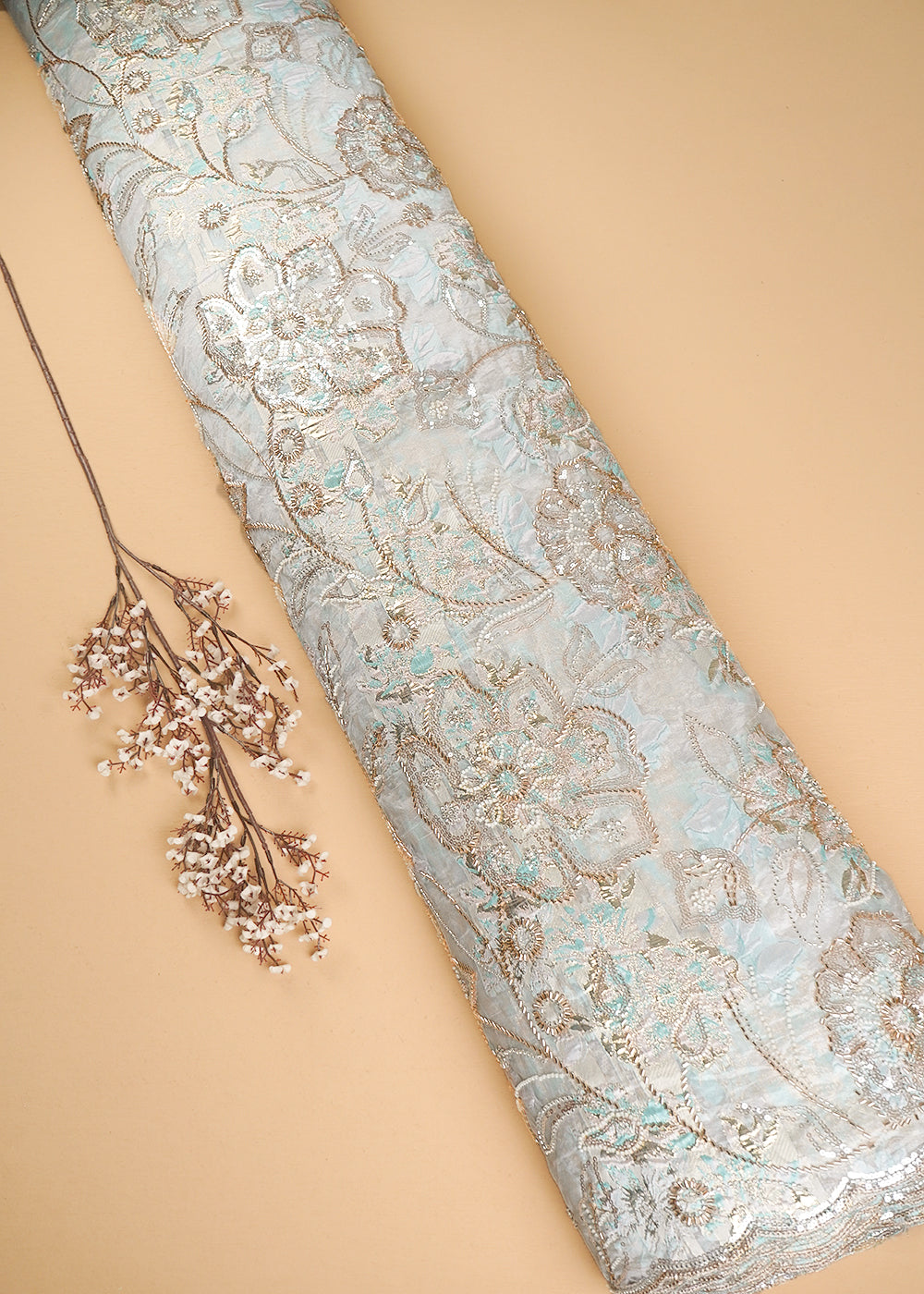 White Organza Fabric With All Over Sequins, Katdana And Bead Work & Peach Foil Work Flowers 24682