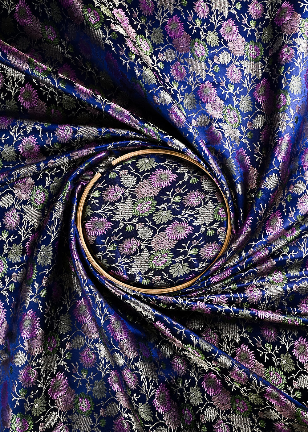 Navy Blue Banarasi Brocade Fabric With All Over Thread Handloom 24683