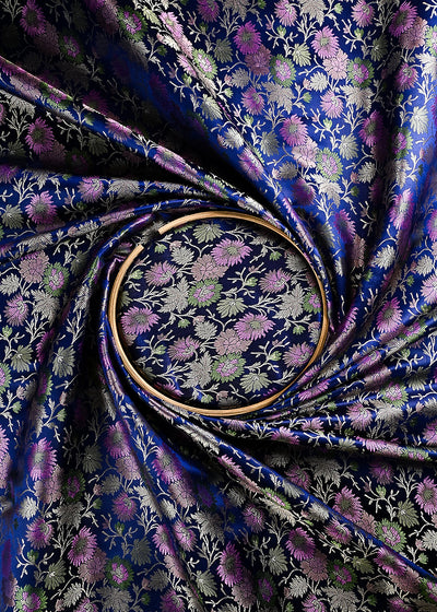 Navy Blue Banarasi Brocade Fabric With All Over Thread Handloom 24683