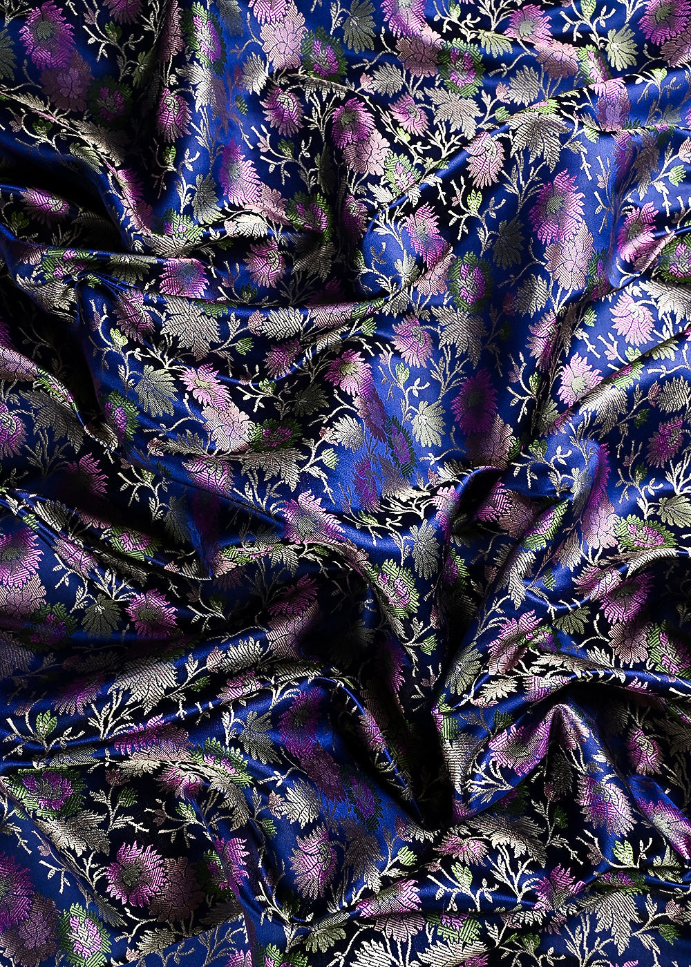 Navy Blue Banarasi Brocade Fabric With All Over Thread Handloom 24683