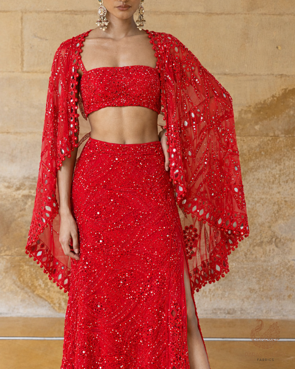 Red Imported Net Fabric With All Over Thread, Zari, Sequins, Katdana And Cutwork 24686