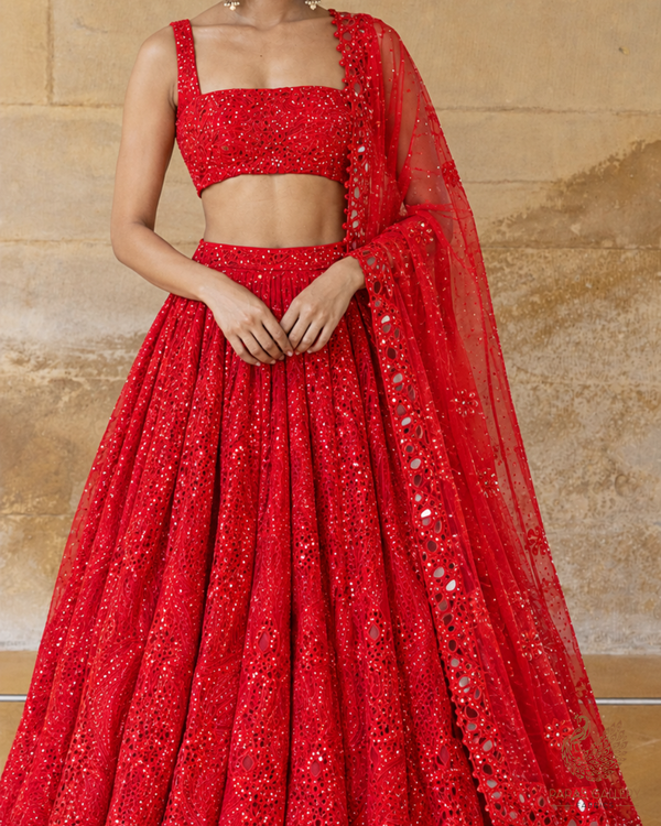 Red Imported Net Fabric With All Over Thread, Zari, Sequins, Katdana And Cutwork 24686