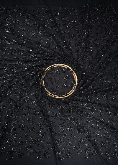 Black Net Imported Fabric With All Over Sequins And Katdana Work 24689