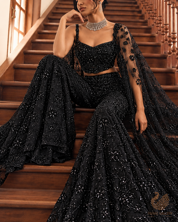 Black Net Imported Fabric With All Over Sequins And Katdana Work 24689