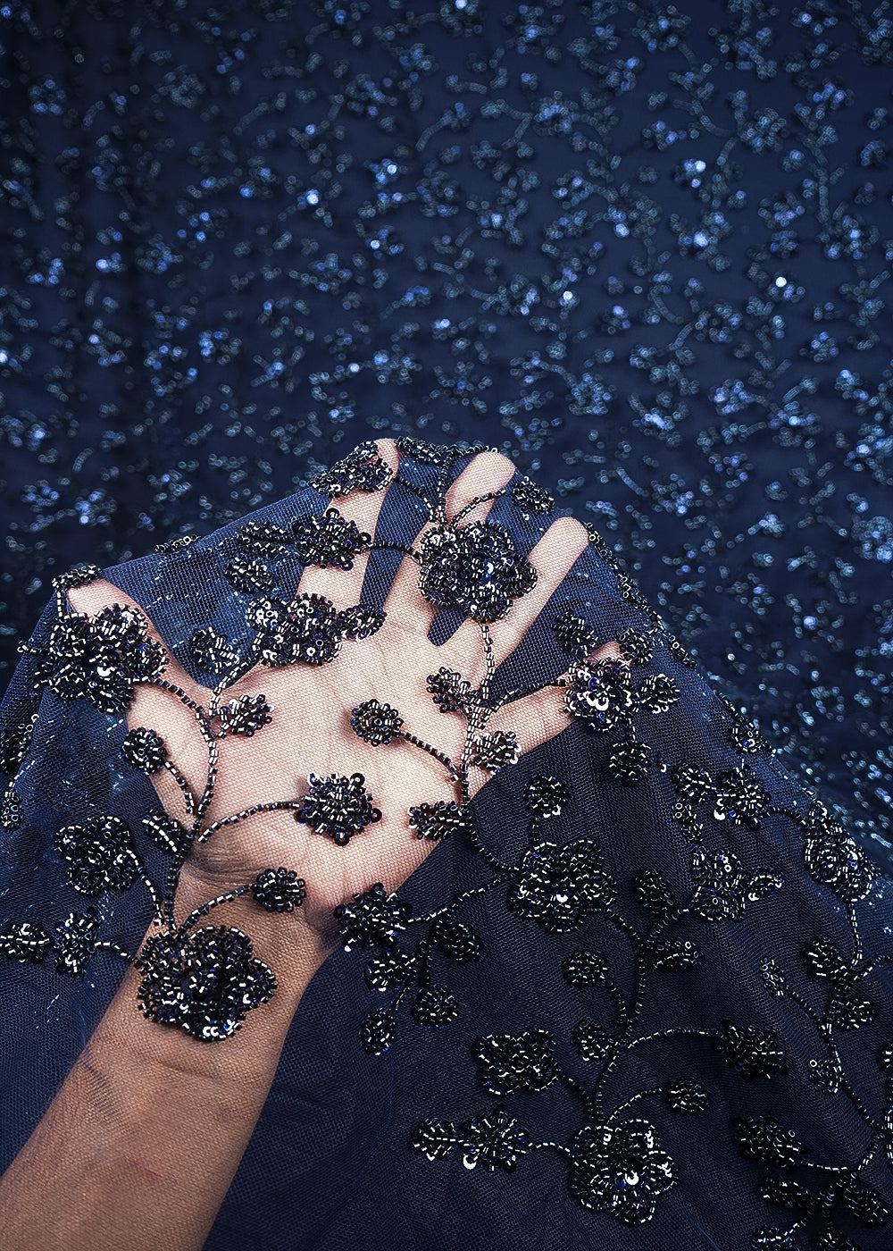 Navy Blue Imported Net Fabric With All Over Sequins And Katdana Work 24690