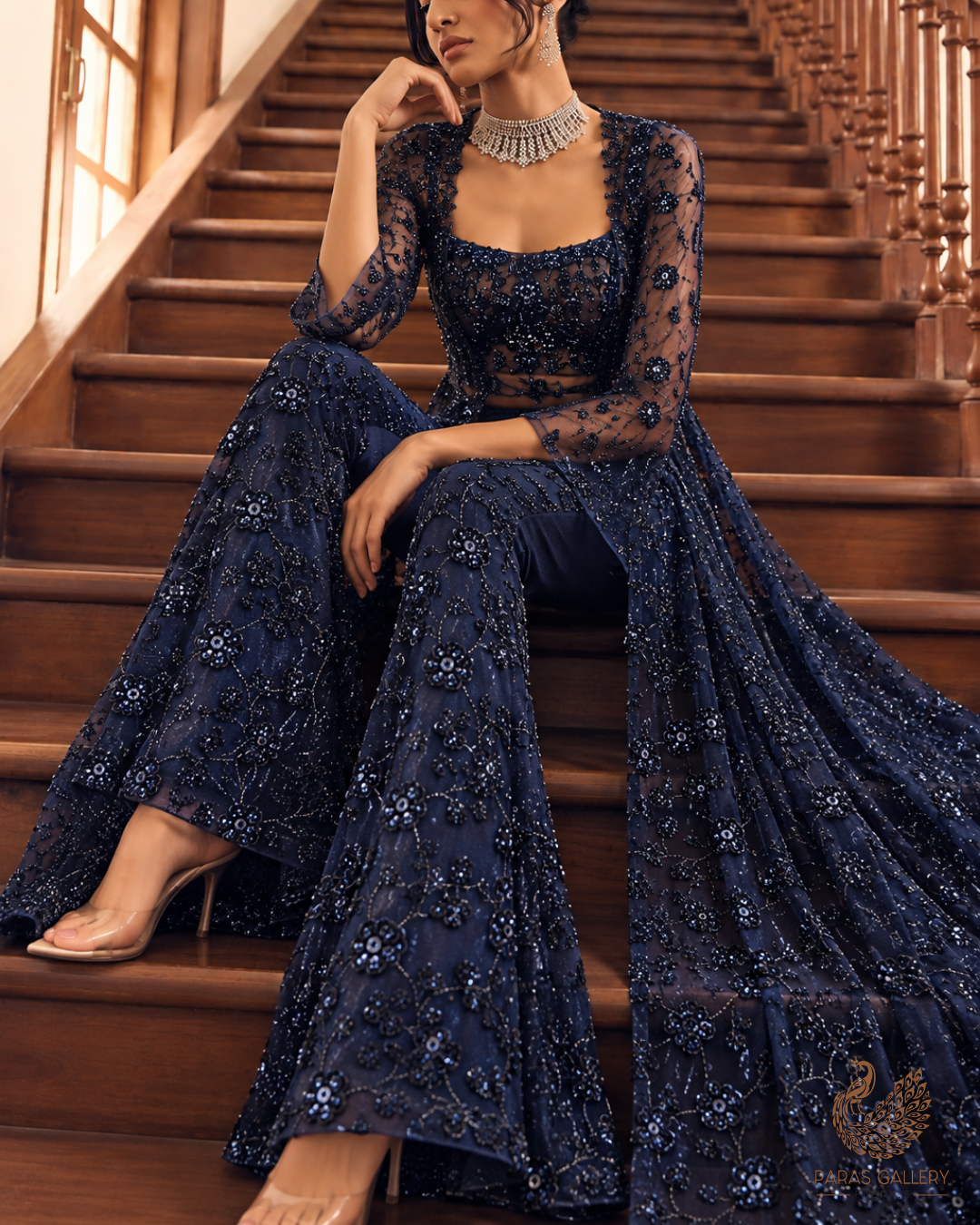 Navy Blue Imported Net Fabric With All Over Sequins And Katdana Work 24690