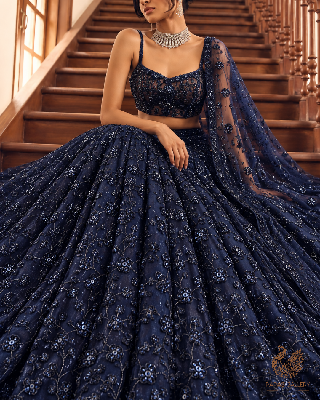 Navy Blue Imported Net Fabric With All Over Sequins And Katdana Work 24690