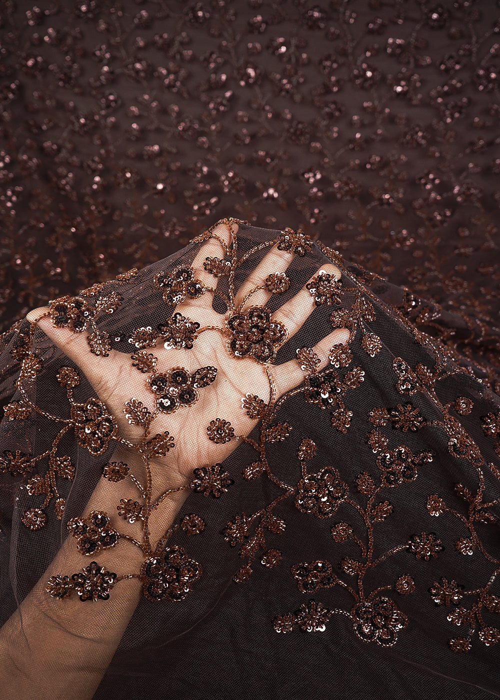 Coffee Brown Imported Net Fabric With All Over Sequins And Katdana Work 24691