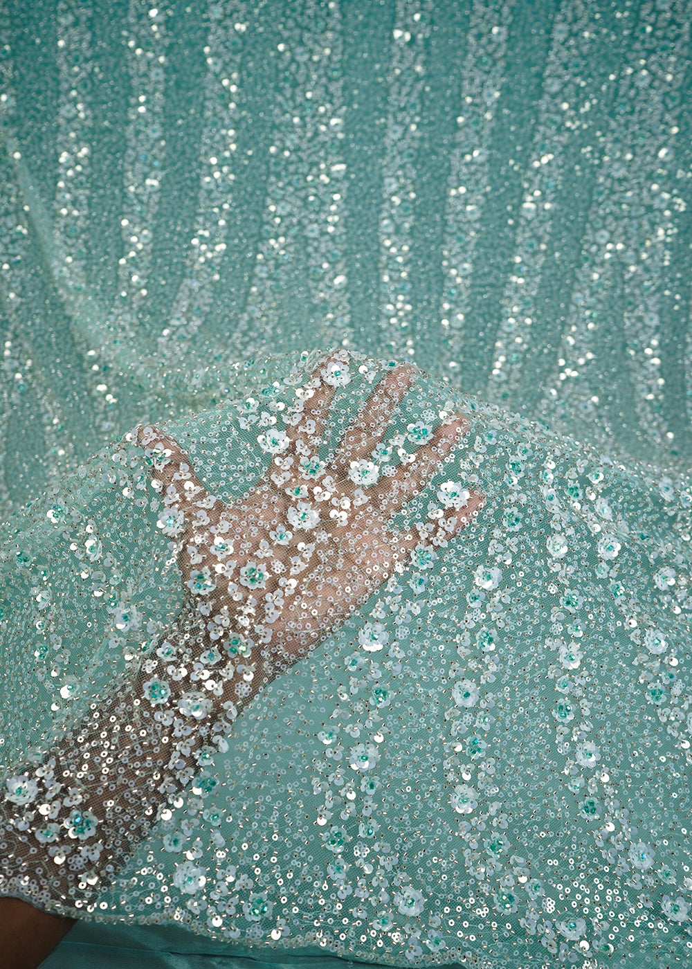 Green Imported Net Fabric With All Over Sequins And Katdana Work 24694