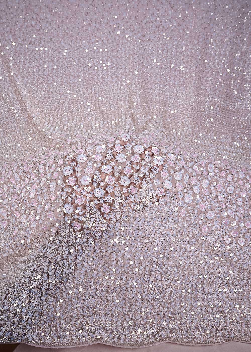 Pink Imported Net Fabric With All Over Sequins, Katdana And Bead Work With One Side Heavy Border 24696