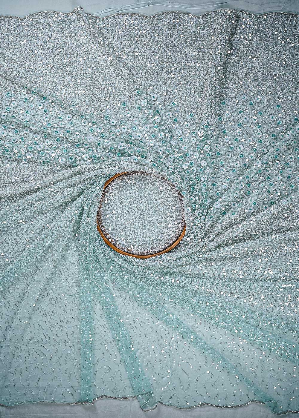 Sky Blue Imported Net Fabric With All Over Sequins, Katdana And Bead Work With One Side Heavy Border 24697