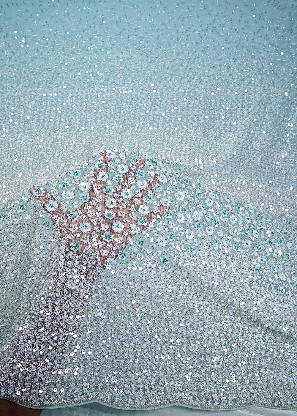 Sky Blue Imported Net Fabric With All Over Sequins, Katdana And Bead Work With One Side Heavy Border 24697