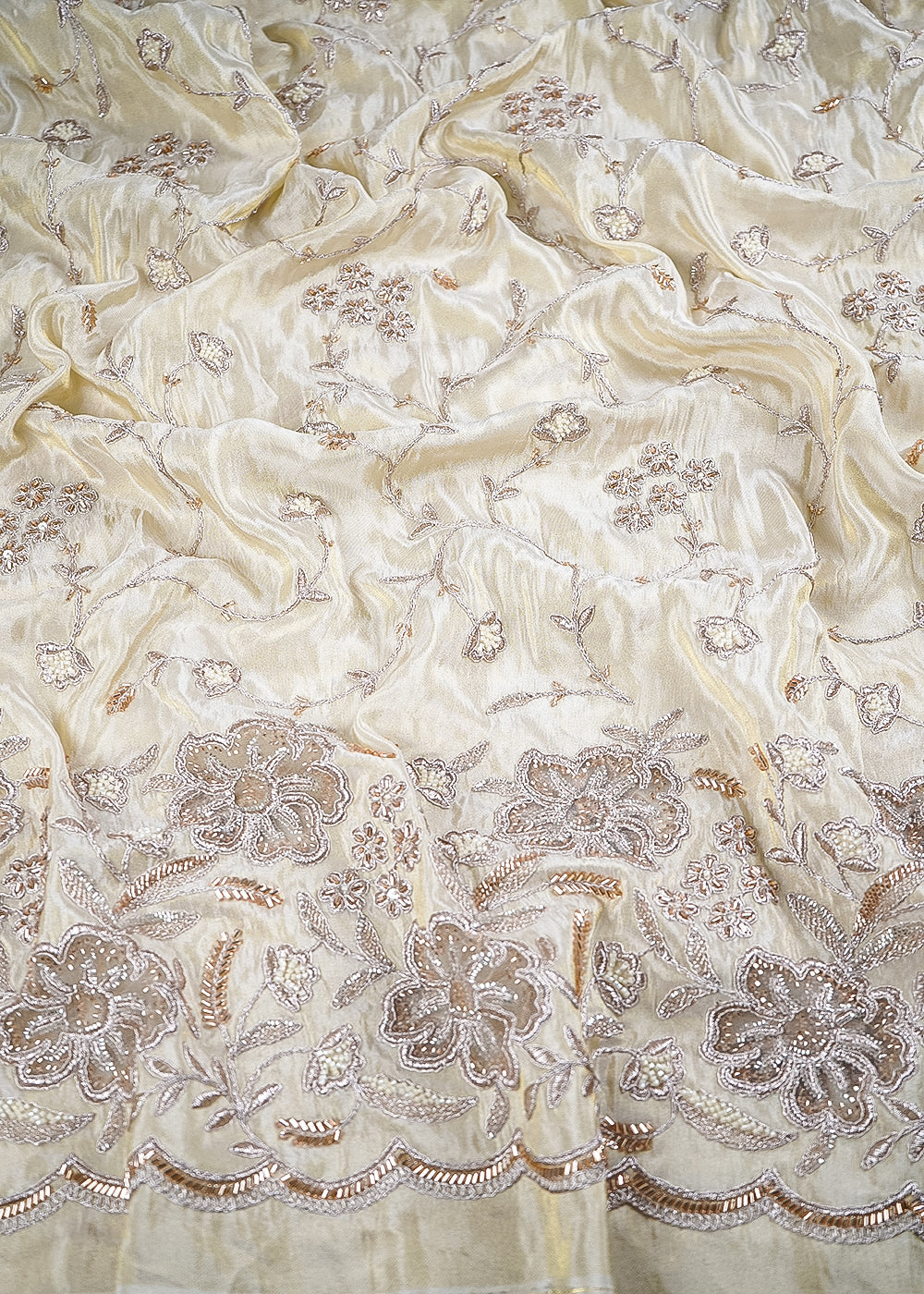 Golden Dyeable Tissue Fabric With All Over Zari, Katdana And Bead Work With One Side Border 24709