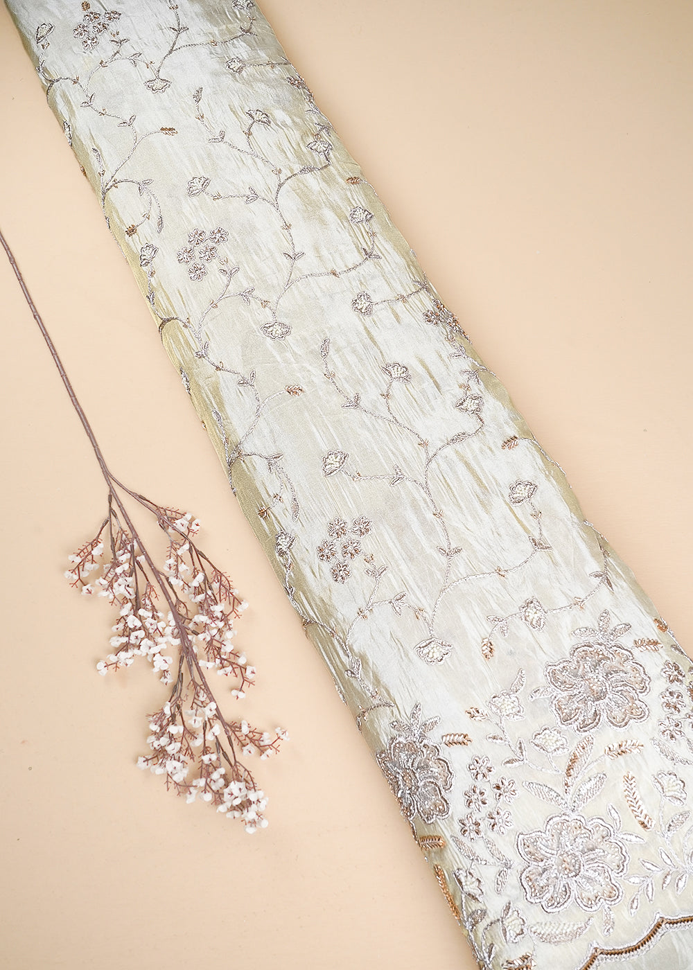 Golden Dyeable Tissue Fabric With All Over Zari, Katdana And Bead Work With One Side Border 24709