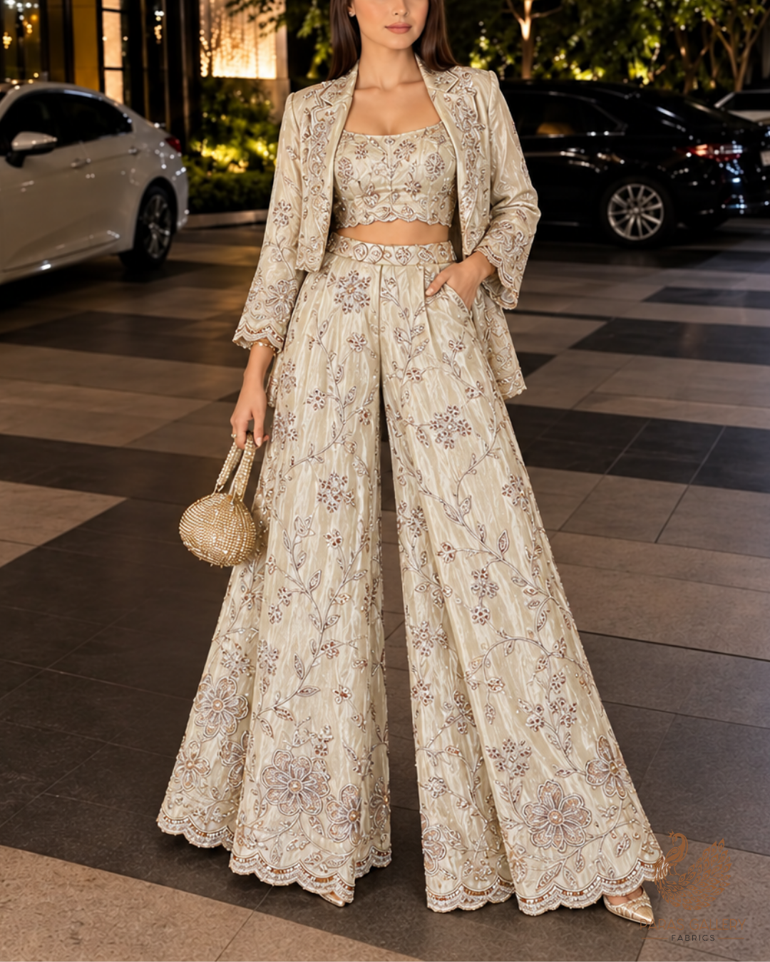 Golden Dyeable Tissue Fabric With All Over Zari, Katdana And Bead Work With One Side Border 24709