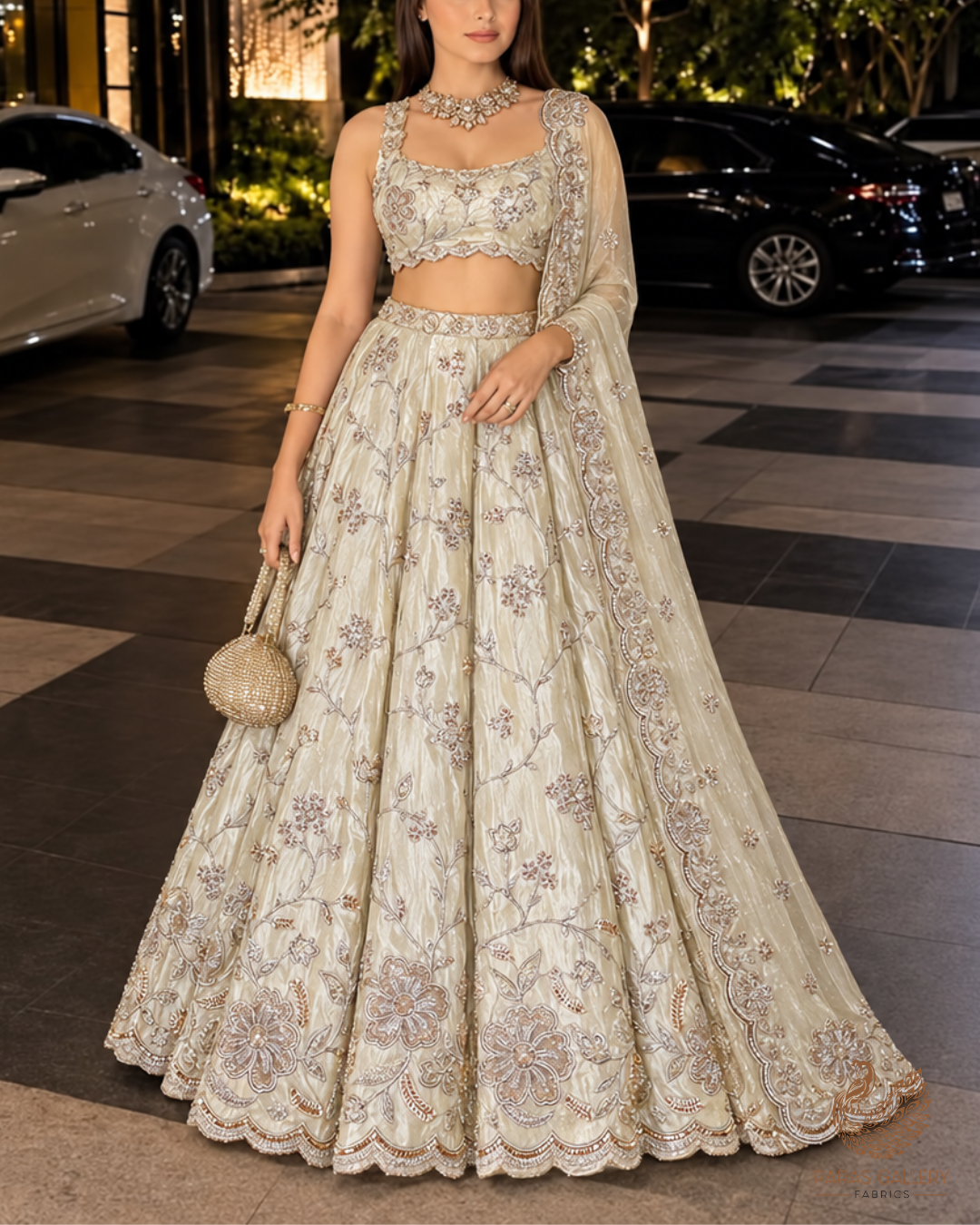 Golden Dyeable Tissue Fabric With All Over Zari, Katdana And Bead Work With One Side Border 24709