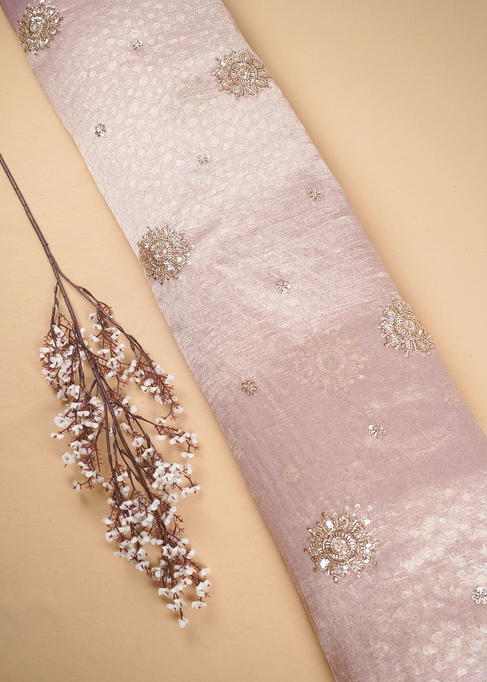 Pink Tissue Fabric With All Over Sequins, Katdana And Self Polka Dot Work 24710