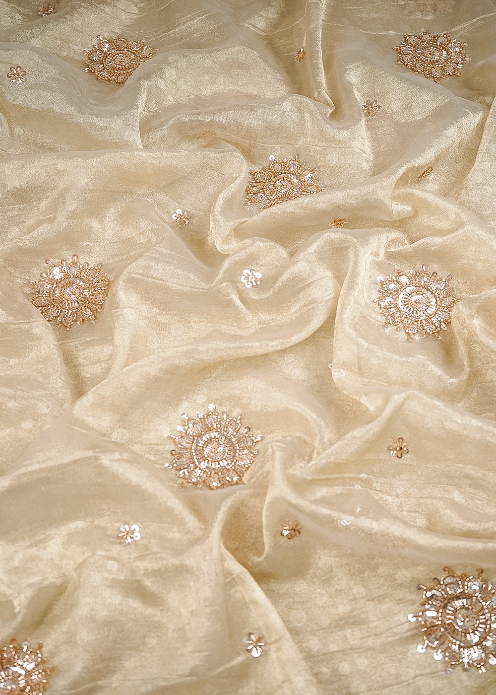 Beige Tissue Fabric With All Over Sequins, Katdana And Self Polka Dot Work 24711