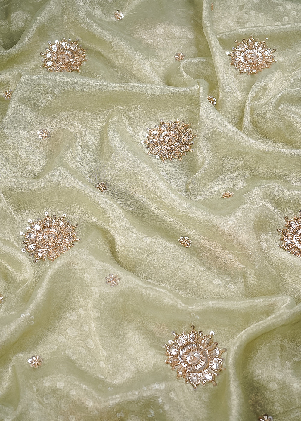 Pista Green Tissue Fabric With All Over Sequins, Katdana And Self Polka Dot Work 24712