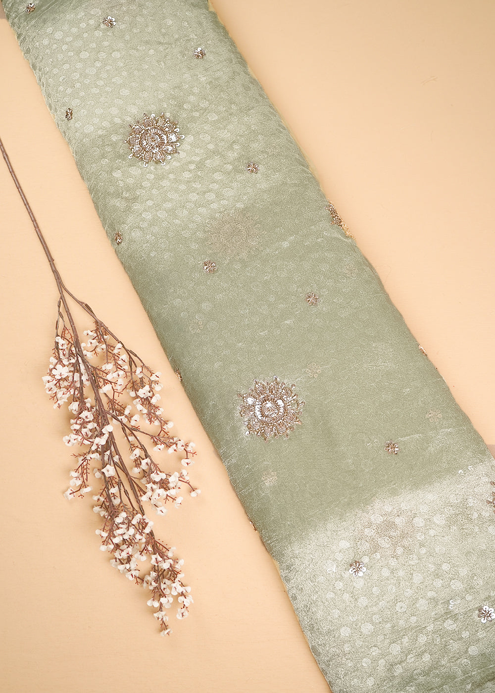 Pista Green Tissue Fabric With All Over Sequins, Katdana And Self Polka Dot Work 24712