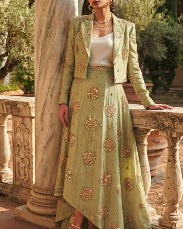 Pista Green Tissue Fabric With All Over Sequins, Katdana And Self Polka Dot Work 24712